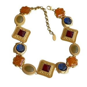 VTG gripoix revival carved scarab glass cabochon jeweled French necklace